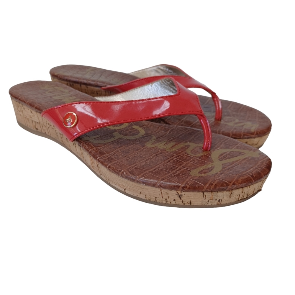 Sam‎ Edelman Sandals Tanya Red Patent Leather Cork Wedge Womens 7.5 M